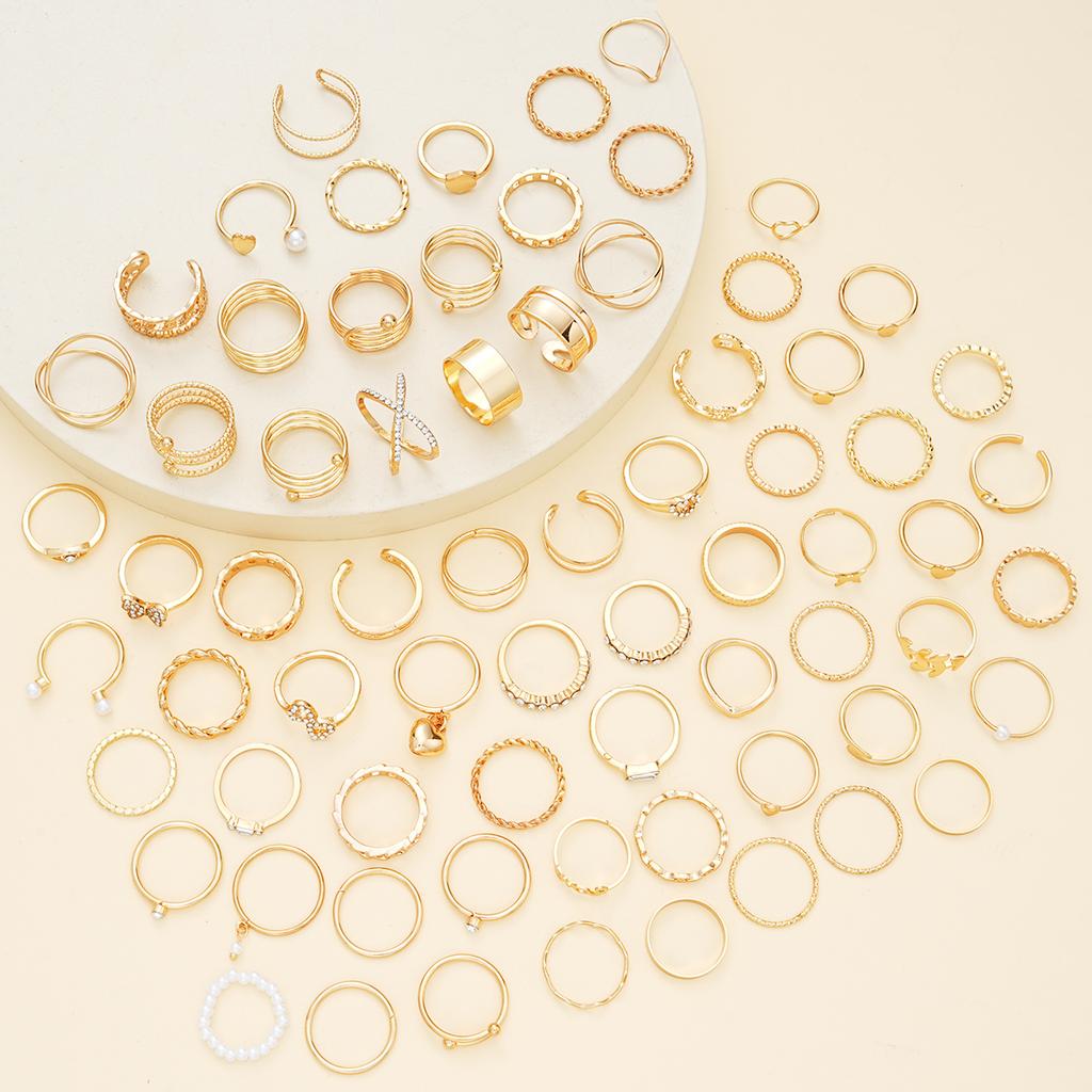 70Pcs/Set Retro Boho Crystal Ring For Women Geometry Pearl Heart Butterfly Gold Color Ring Set Fashion Party Jewelry Accessories