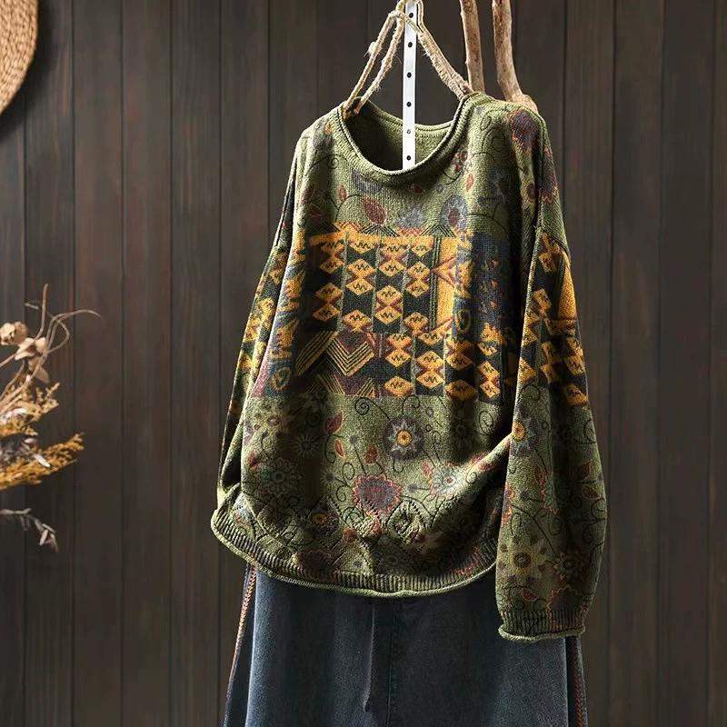 Winter Retro Color Cotton Knit Sweater Women's Loose Large Board Personality Casual Round Neck Pullover