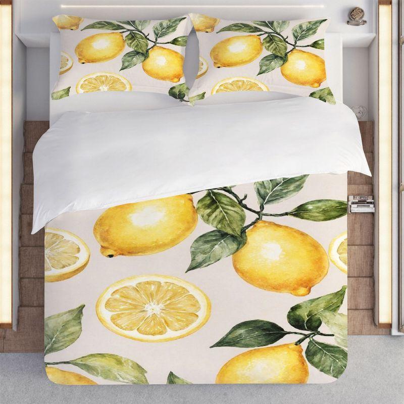 Pillowcase Quilt Cover 3-Piece Bedding Watercolor Style,Lemon Sliced Leaf Pattern,Washable,Durable