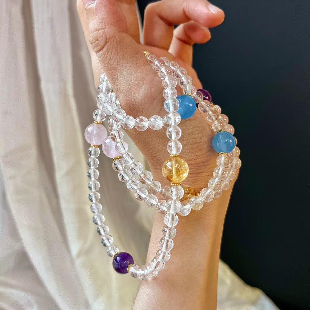 Vintage Natural White Crystal, Rose Quartz, Amethyst, Multi-Treasure Multi-Circle Beaded Bracelet, Niche High-End Bracelet Woman