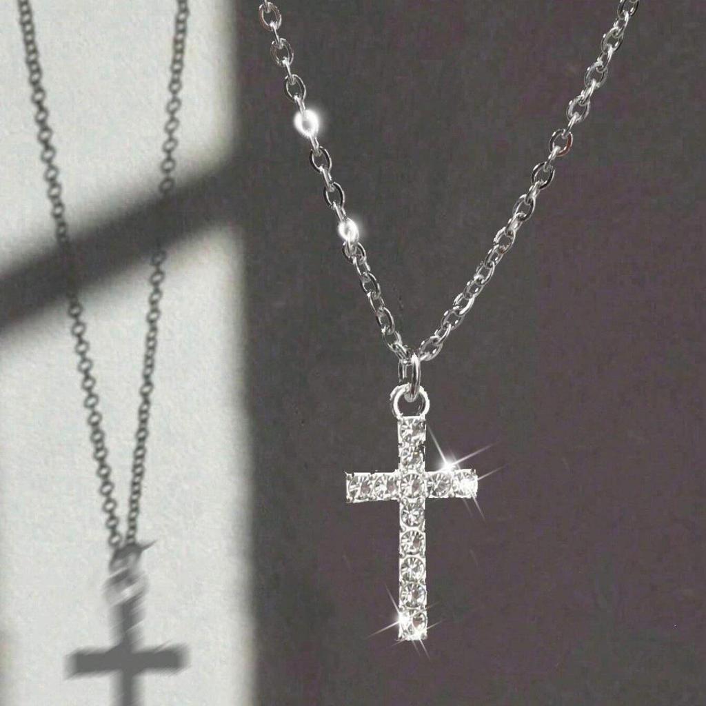 Women's Punk Rhinestone Cross Sweater Necklace - Light Luxury Versatile Clavicle Chain