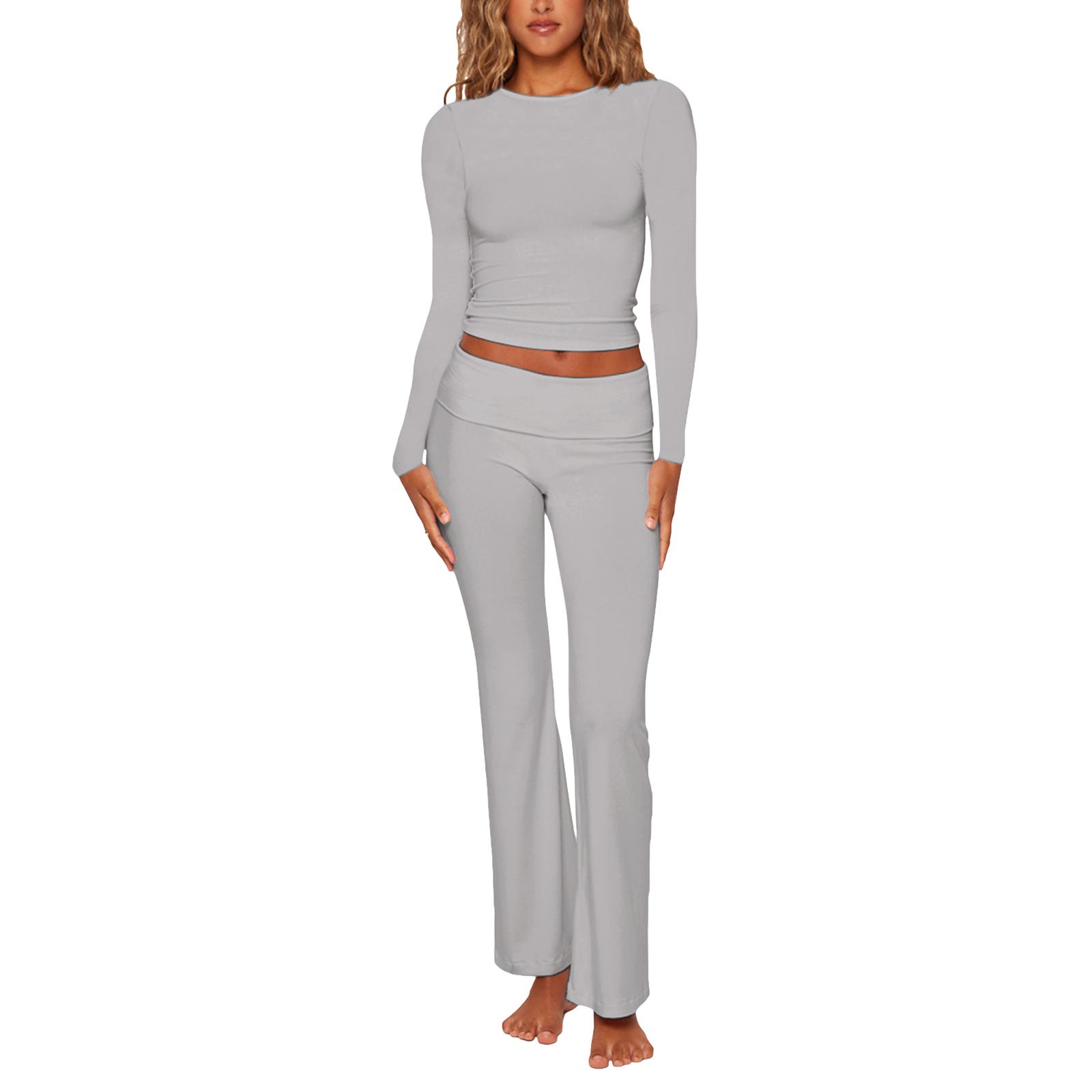 

Женский брючный костюм, элегантная футболка с длинными рукавами и круглым вырезом, расклешенные брюки с заниженной талией, офисный наряд L