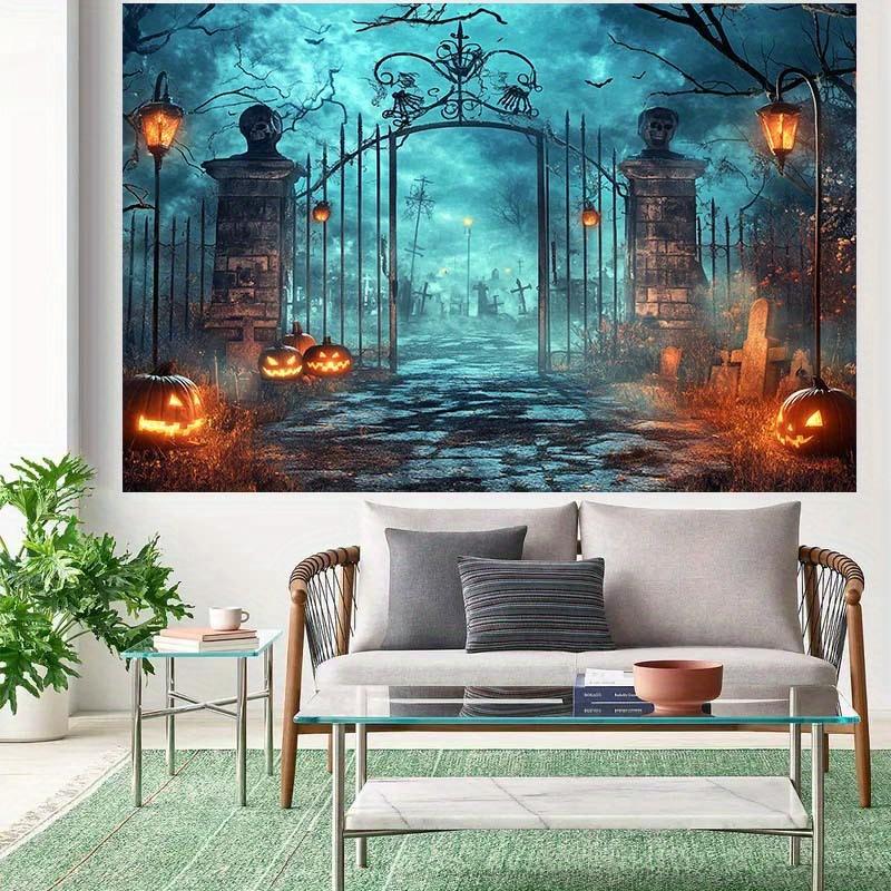 1pc2Dfalt Halloween Background Banner - Ghostly Graveyard Gate, Durable Polyester Fabric, No Electricity Required-sym