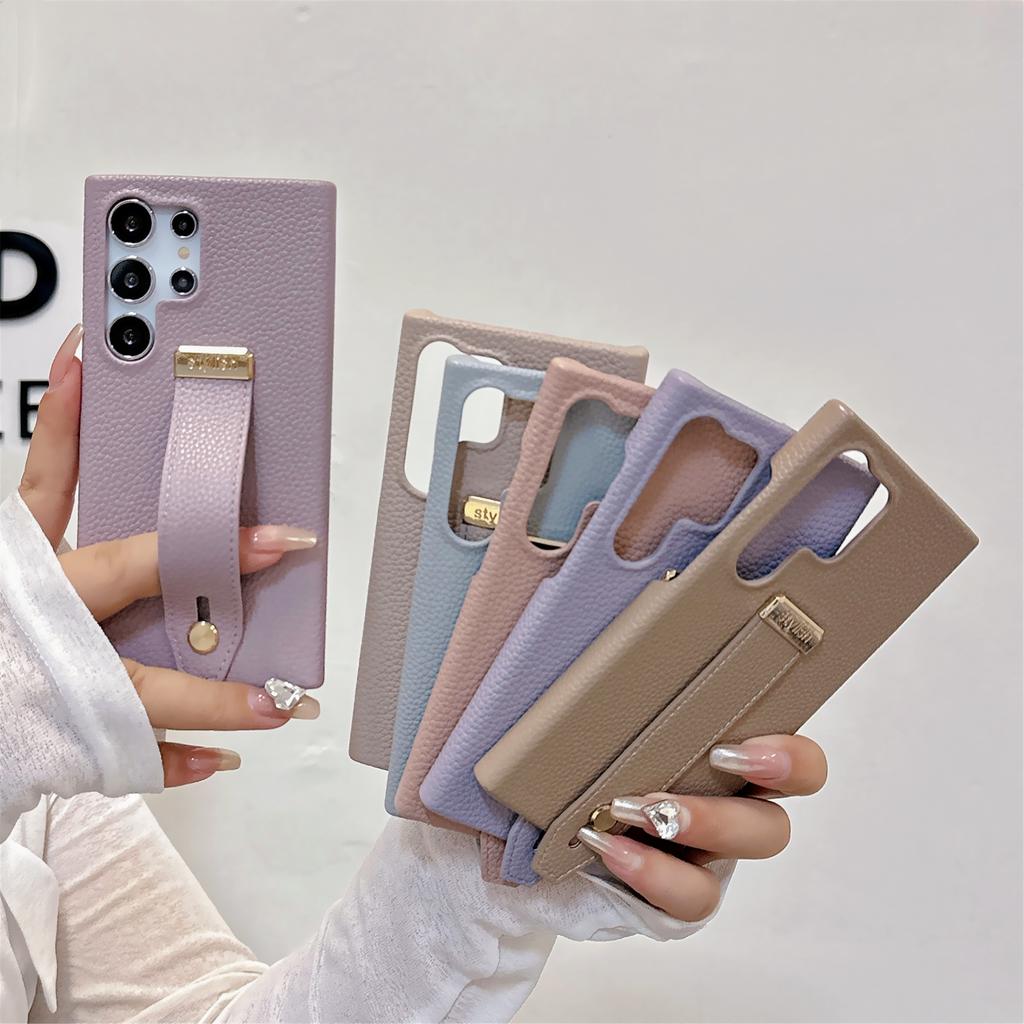 Stylish Wrist Strap Bracket Phone Case for Samsung Galaxy S25 Ultra S24 S23 S22 Plus FE Solid Color High-end PU Leather Cover