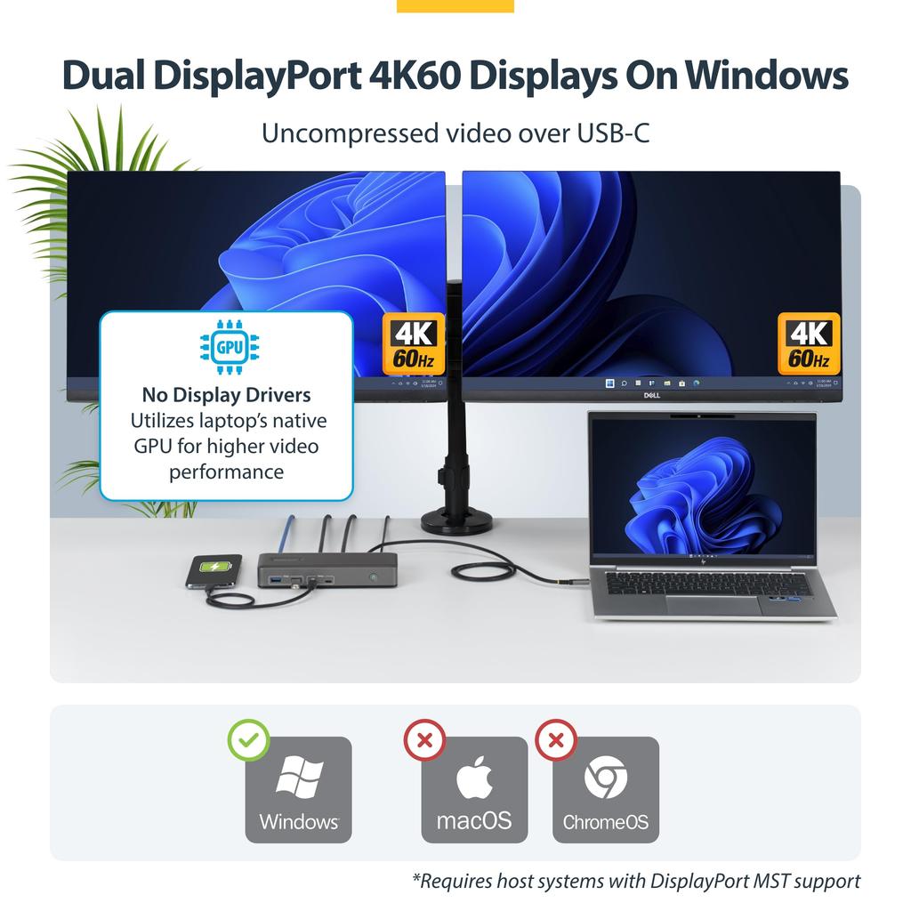 StarTech Docking Dual USB für Windows USB-C Station, Monitor, 4K60Hz, DP, 100W, Hub, LAN, (201N-USBC-DOCK)