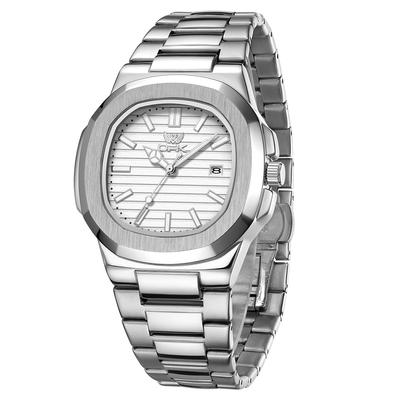 OPK Quartz Square Watch with Date Luminous Stainless Steel and Comfortable for Students and White Men's Display, Waterproof, Band, Simple,