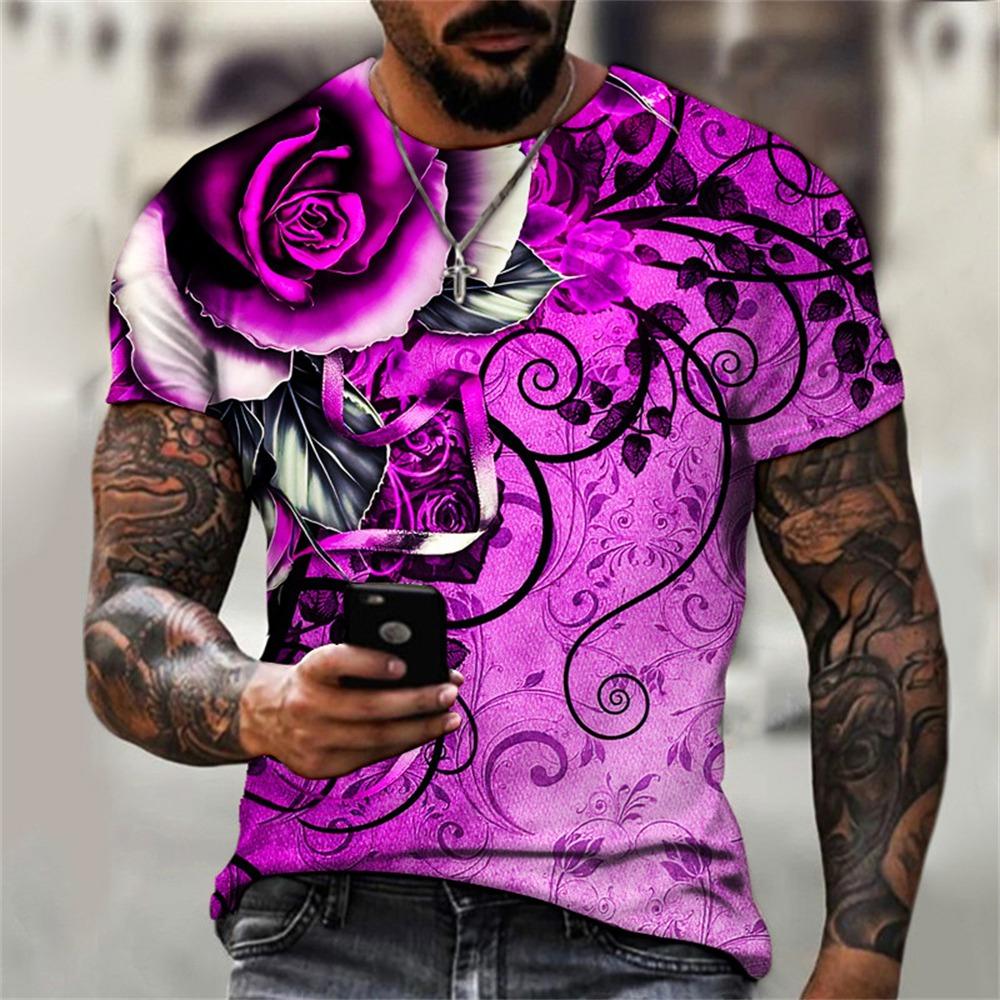 2025 Summer Men T-shirt 3D Graphic Bright Rose Print Vintage T Shirt Men Women Tshirt Casual Short Sleeve O-neck Streetwear