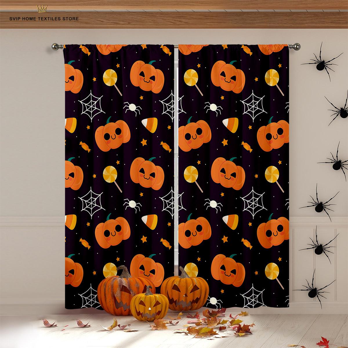 

Halloween Decoration Curtain Panels Pumpkin Bat Skull Horror Animated Design Element Pattern Fitting For Living Space Bedroom Party Decor W50X130H(CM)X2PCS&Rod pocket