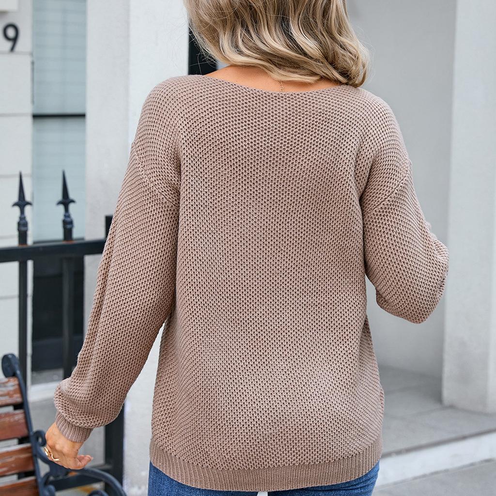 Women's Casual Solid Sweater Chest Pocket  Neck Long Sleeve Fall Knit Top Pullover