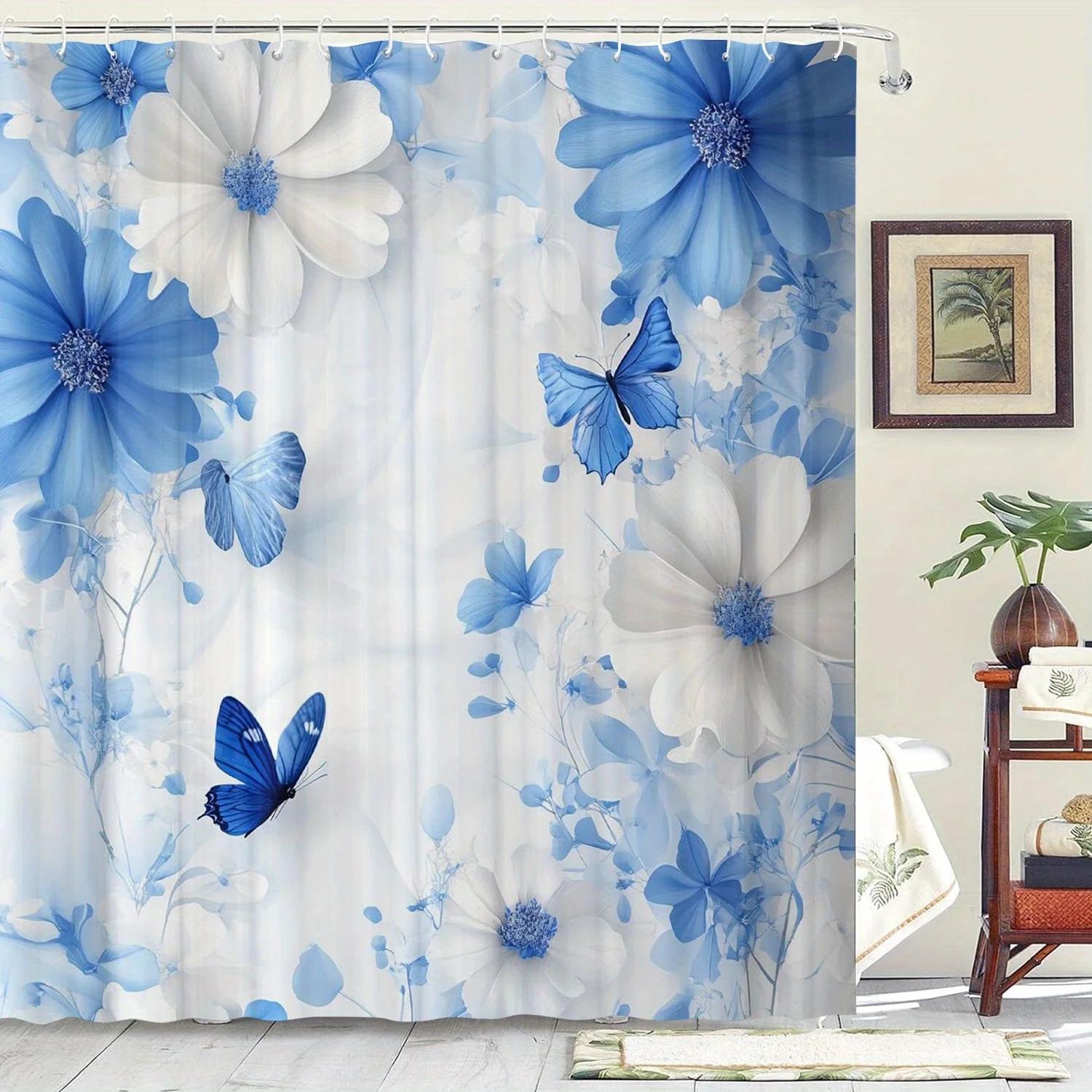 

Waterproof Shower Curtain, Blue Butterfly Theme, Graphic Print, Art Inspired, Includes 12 Hooks, Machine Washable, Polyester W60H190(CM)-1 Pcs