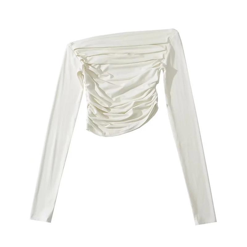 

Жіночий приталений топ без пальців з довгим рукавом і нестандартною формою на одне плече - осіння колекція Small білий