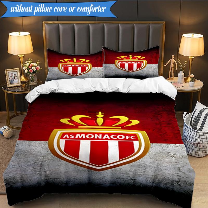 3PCS Monaco Football Club Printed Soft Bedding Set,Including 1pc Duvet Cover And 2pcs Pillowcases Perfect for Bedroom, Dormitory, Fan Gift