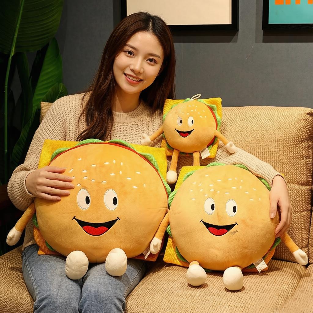 30Cm Happy Cheeseburger Hamburger Plush Pillow Stuffed Human Figured Food Sofa Chair Round Cushion Back Support Plushie Gift