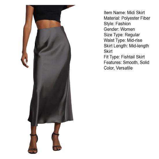Women Midi Skirt Mid-rise A-Line Solid Color Fishtail Skirt Smooth Fabric Office Lady Skirt