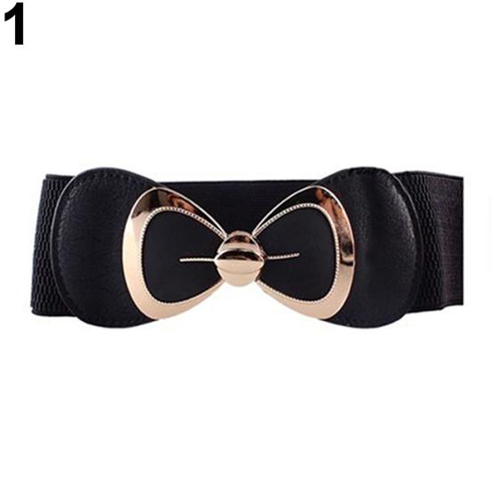 Women Bowknot Buckle Metallic Faux Leather Waistband Elastic Croset Waist Belt