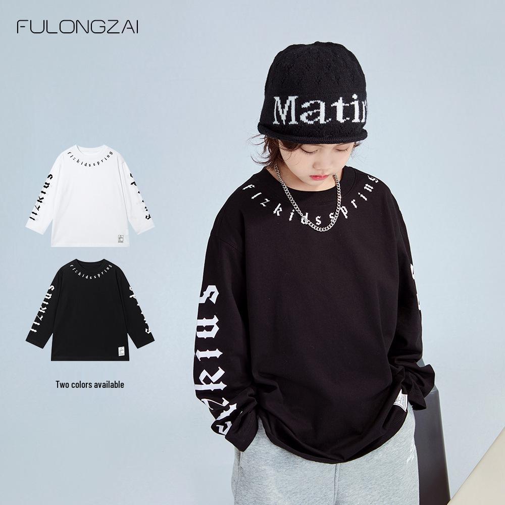 FULONGZAI 2025 Spring Korean Letter T-Shirt for Kids: Unisex, Medium to Large Sizes