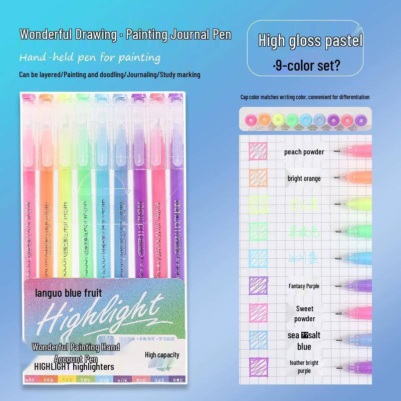 Blue Fruit Nine-Color Gel Journal Pens for Students - Doodle, Color, and Highlight with Fluorescent Markers