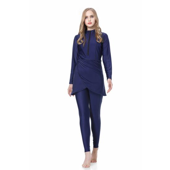 Conjunto de 3 Peças/Conjunto Feminino Maiô Dividido Saia Frontal Fechamento Seguro com Zíper Proteção UV Tops Calças Compridas para Natação Conjunto com Lenço de Cabeça