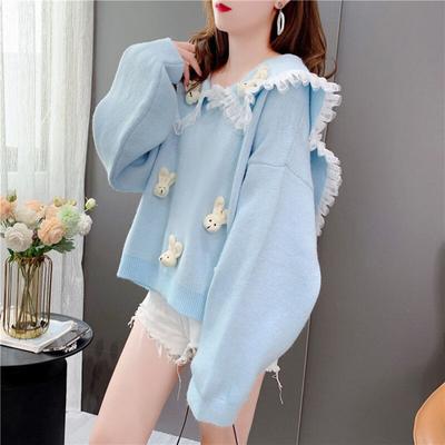 Jersey con cuello marinero y empalme de encaje para mujer, suéter de dibujos animados, top de punto holgado dulce para mujer, otoño e invierno 2022