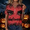 Women's Casual Halloween Printed V-Neck Short Sleeve Button Front T-Shirt