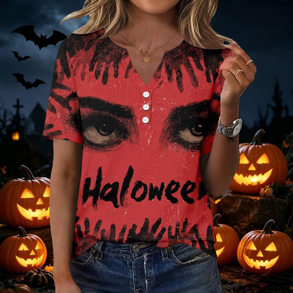 Women's Casual Halloween Printed V-Neck Short Sleeve Button Front T-Shirt
