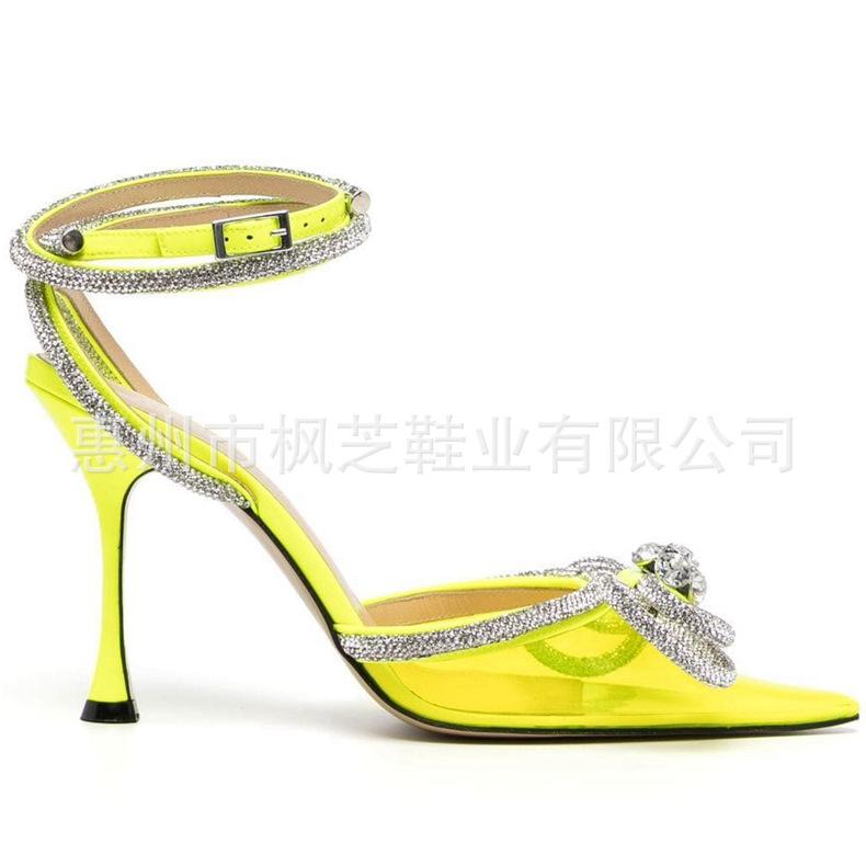 European and American bow rhinestone high-heeled sandals transparent pointed thin heel bag head high-heeled shoes fashionable and versatile customizat