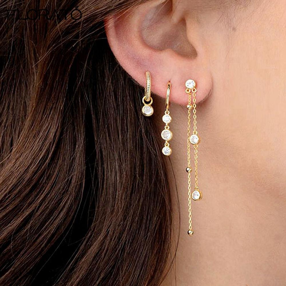 Ins Minimalism Chain Tassel Round Zircon Drop Earrings 925 Sterling Silver Needle Small Hoop Earrings for Women Fashion Jewelry