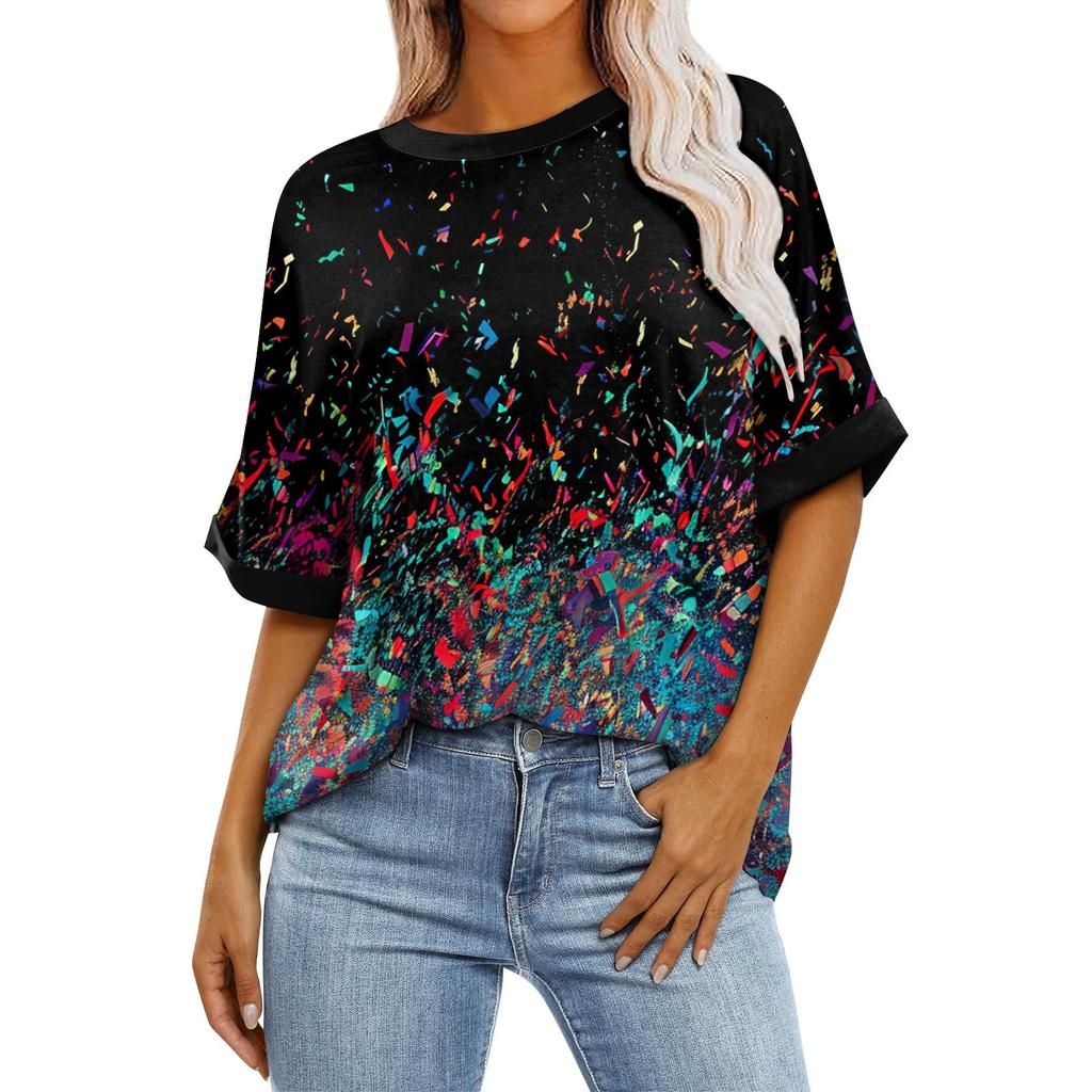 Summer Round Neck 3D Colorful Print Top Fashionable Casual Short Sleeved Women's T-shirts