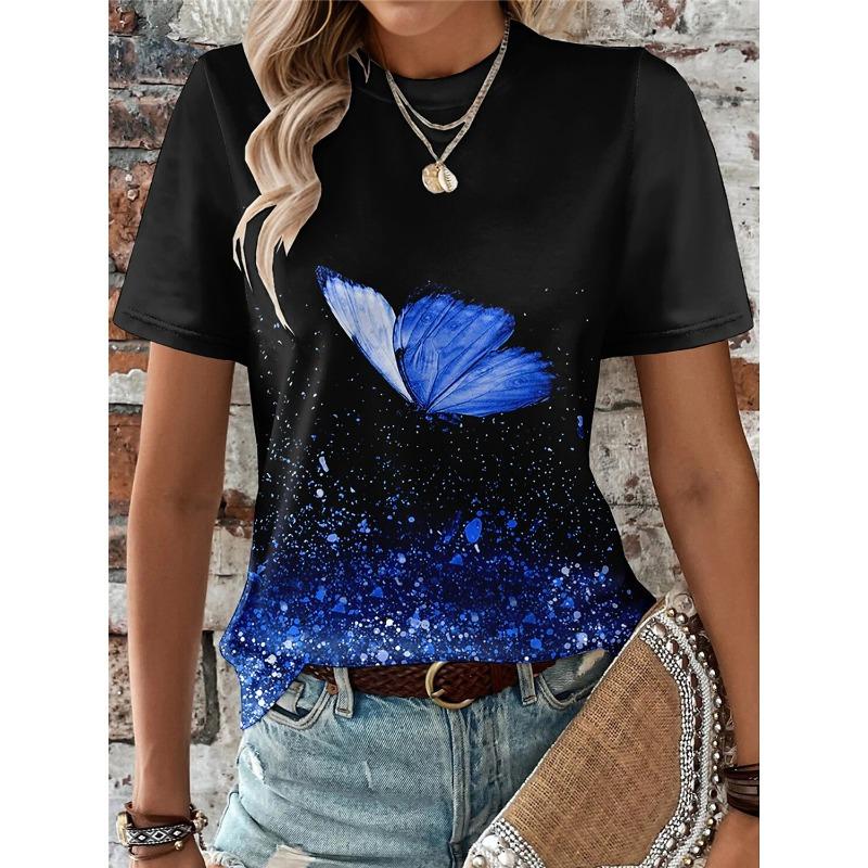 Summer Women's T Shirt Animal Weekend 3D Print Butterfly Graphics Light Green Short Sleeve Tee Fashion Round Neck Tops