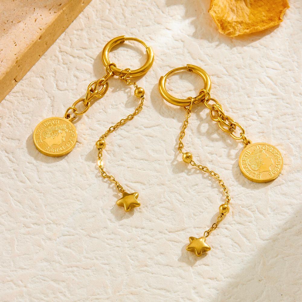 DIEYURO 316L Stainless Steel Golden Round Portrait Coin Tassels Star Earring For Women Fashion New Trend Ear Buckle Jewelry Gift