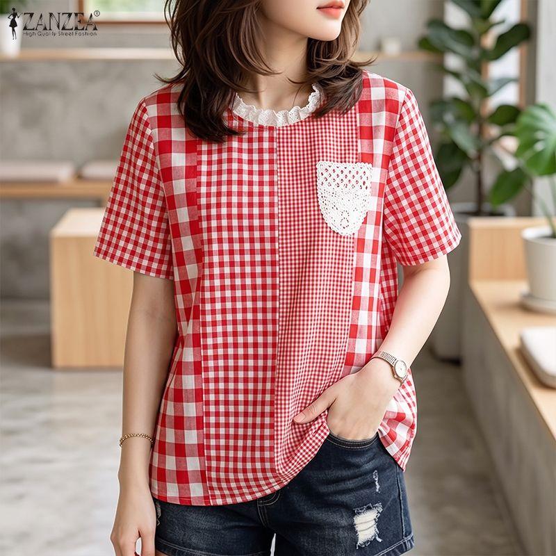 ZANZEA Women Plaid Print Casual Round Neck Loose Short Sleeve Blouse