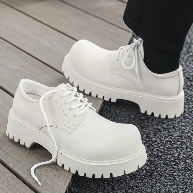 Fashion Thick Sole Casual Genuine Leather Dress Shoes Men Platform Heighten Japan Harajuku Korean Streetwear Fashion Shoes White