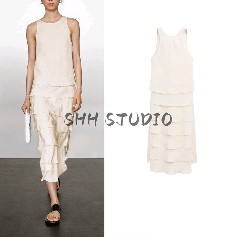 MD Spring/Summer New Arrival Women's Clothing Normcore Stylish Elegant Drape Vest Dress Tiered-Ruffle Long Dress 6681530