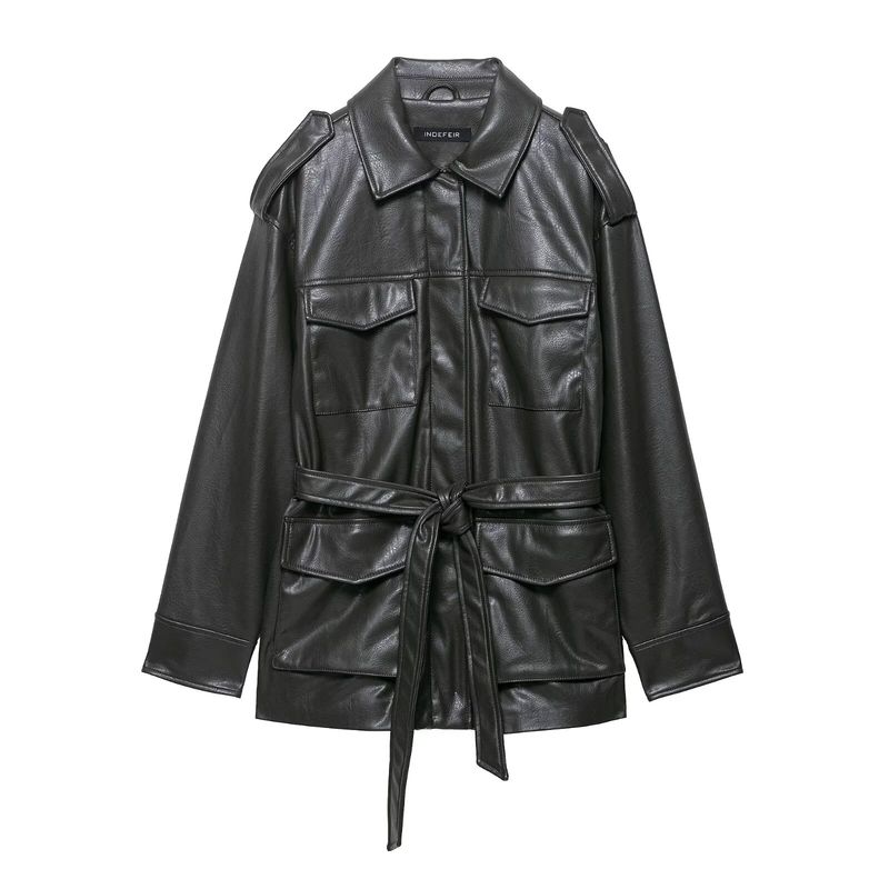 Za Export New Arrival Women's Clothing ZR Fashion Style Fashion Sense Versatile Pocket Decoration Imitation Leather Jacket Outwear 4341766