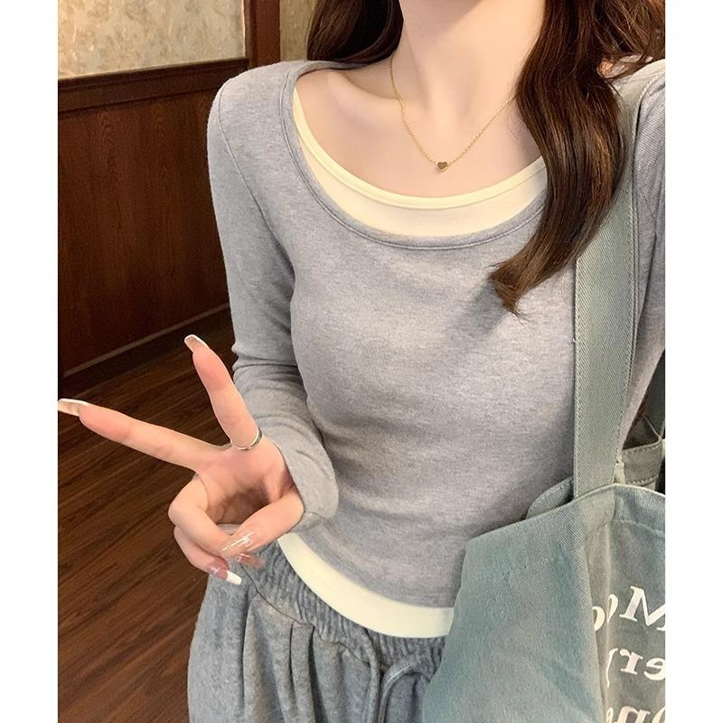 Designed Fake Two-piece Color-blocked Long-sleeved T-shirts for Women In Early Spring 2024 New Slim-fitting Pure Desire Tops with Bottoming Shirts