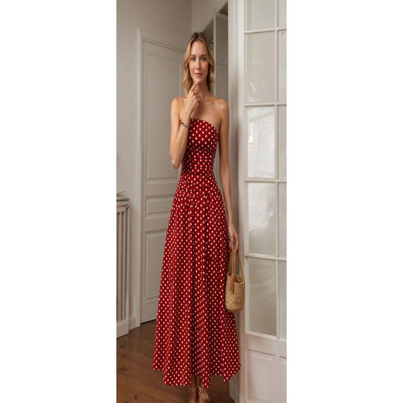 Women Retro Polka Dot Strapless Slim Fit A Line Long Dress