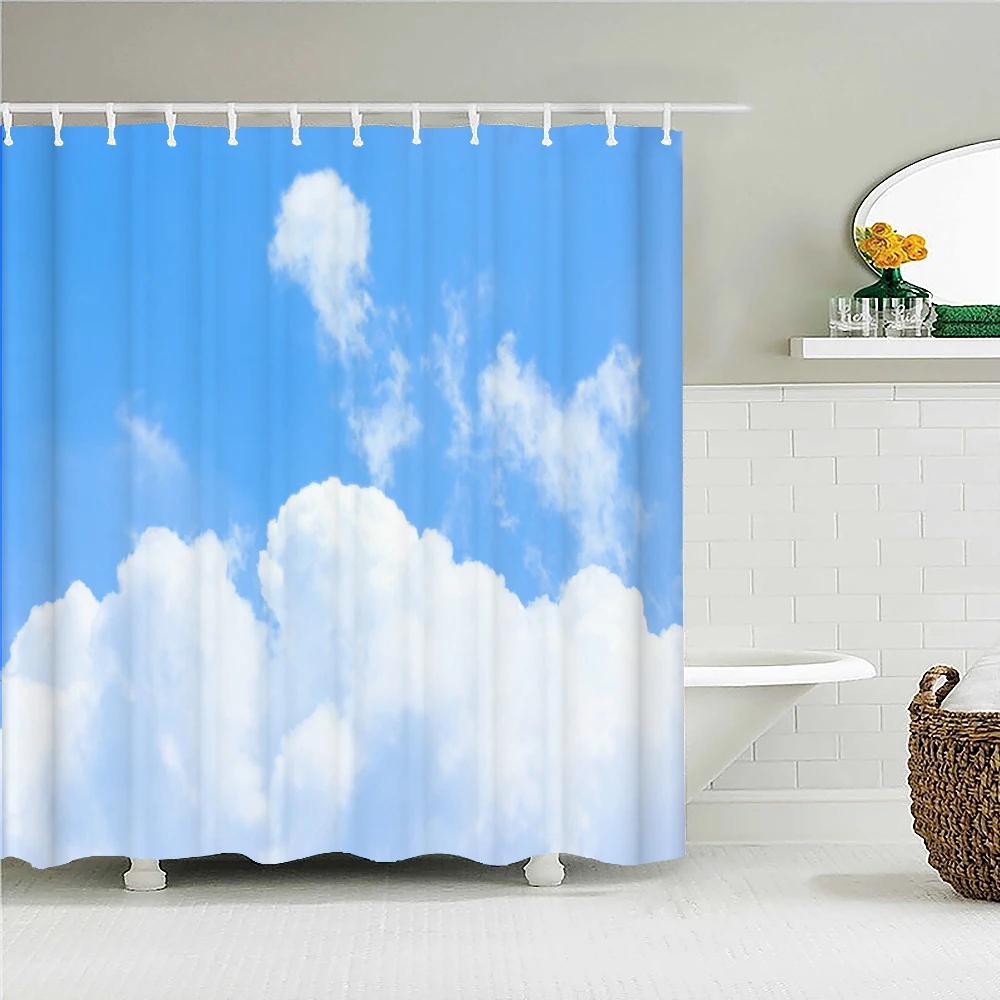 Solig Blå himmel moln Landskap Vattentätt Tyg Duschdraperi landskap Tryckta Duschdraperier för Badrum Dusch med Krokar