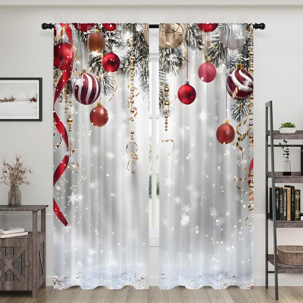2 sztuki, świąteczne zasłony z gałązek sosnowych i kolorowych kul - półzaciemniające - odpowiednie do salonu, sypialni, kuchni, dekoracji domu