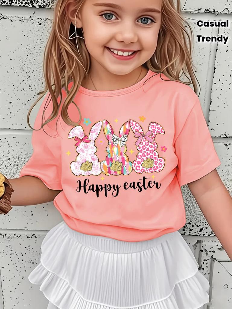 Happy Easter Shirt Kawaii Trio Bunny Kids Tees Colorful Rabbit Outfit Glitter Effect Top Toddler Spring Gift Pastel Girl Clothes