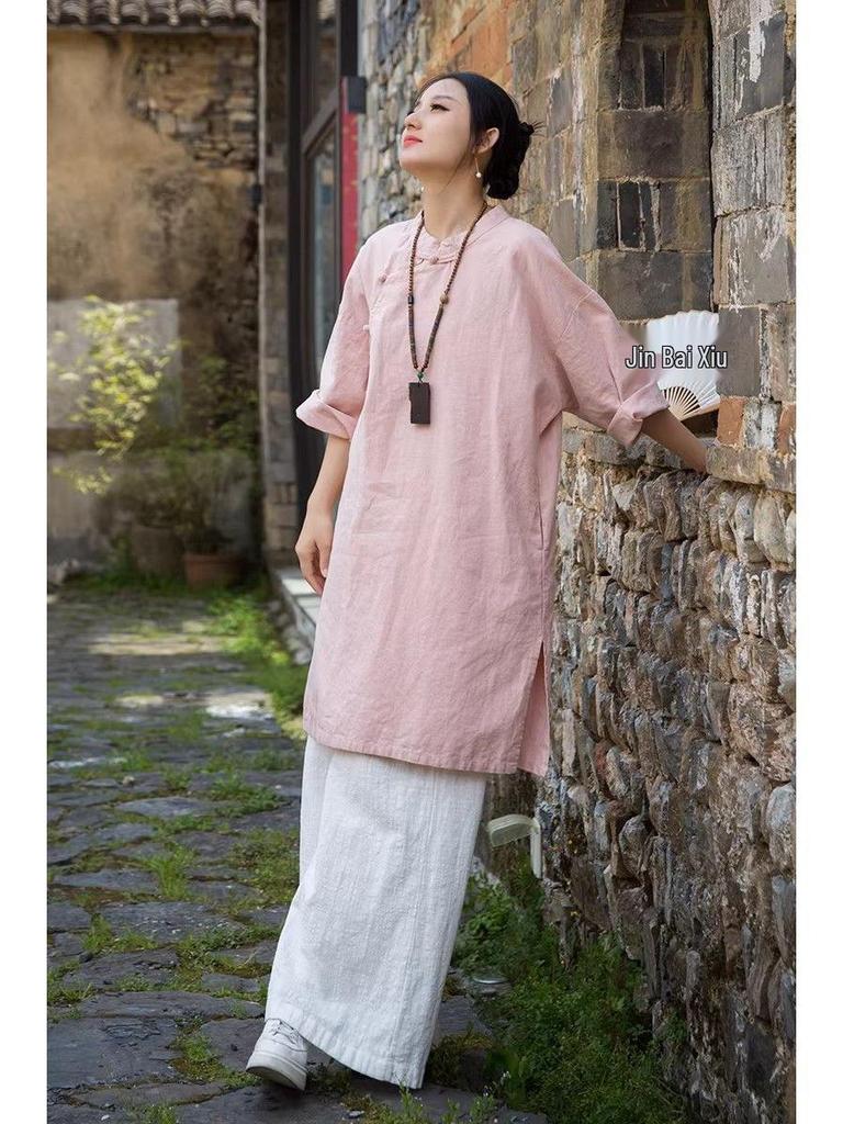 Vintage-Inspired Cotton Linen Qipao: Frog Button Women's Long Shirt