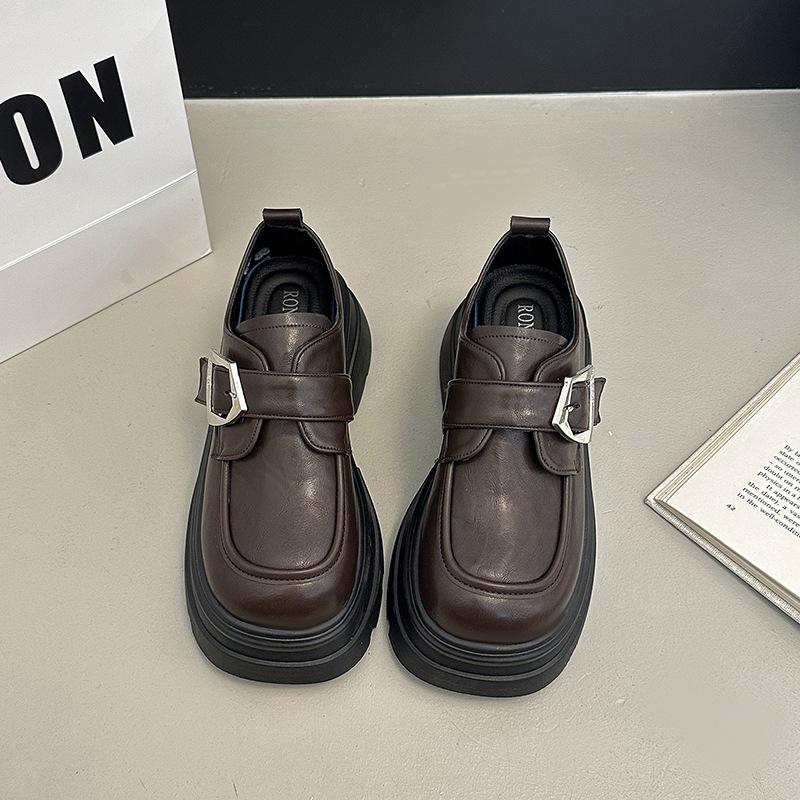 

Женские лоферы из искусственной кожи 2025 весна новая британский стиль платформа увеличивающая рост маленькие кожаные туфли черные повседневные кожаные туфли 40 коричневый