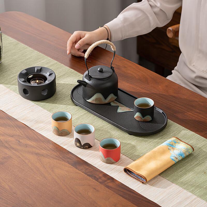 Zen Black Ceramic Hand-painted Tea Set with Four Cups