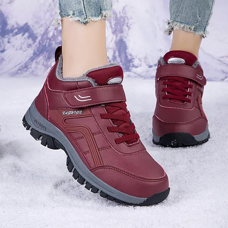 PU Leather Winter Ankle Boots Women Plush Warm Cotton Shoes Wear-resistant Non-slip Outdoor Sneakers for Hiking Walking
