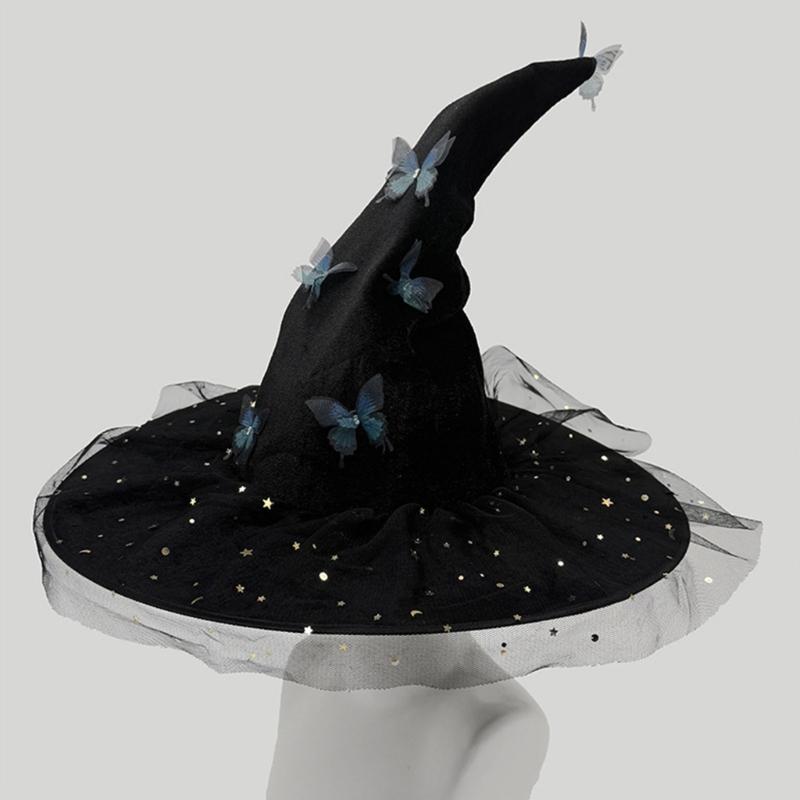 Elegant Curved Brimmed Witch Hat With 3D Butterfly Decoration Halloween Cosplay Accessory Multiple Colors