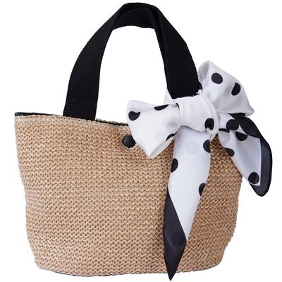 Jotml Women's Lightweight Mini Tote Basket Bag with Scarf, Perfect for Summer Outfits (Black & Polka Dot)