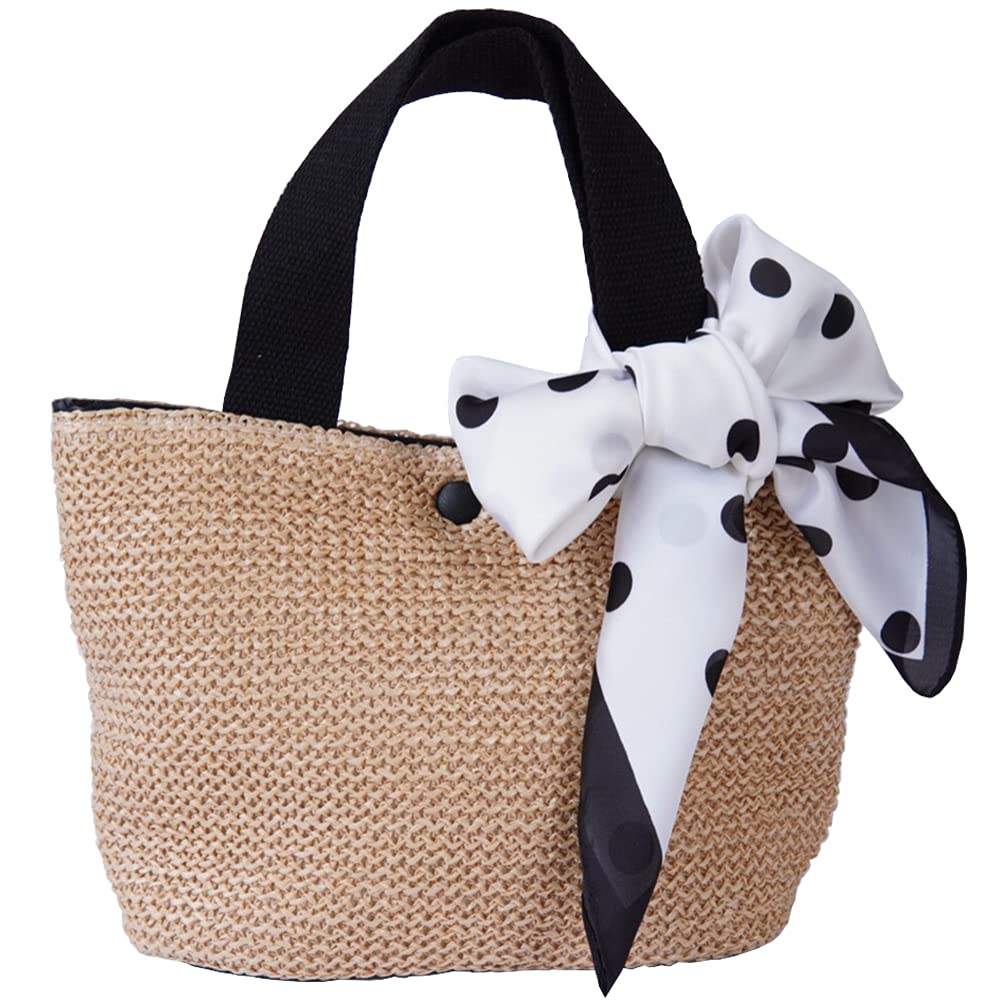 Jotml Women s Lightweight Mini Tote Basket Bag with Scarf, Perfect for Summer Outfits (Black & Polka Dot)