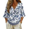 Women V Neck Vintage Floral Print Loose Fit Short Sleeve T Shirt Button Detail Linen Blend Fabric Casual Top for Daily Wear