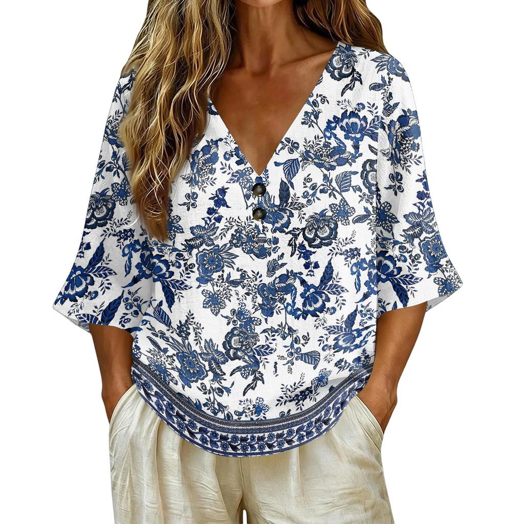 Women V Neck Vintage Floral Print Loose Fit Short Sleeve T Shirt Button Detail Linen Blend Fabric Casual Top for Daily Wear