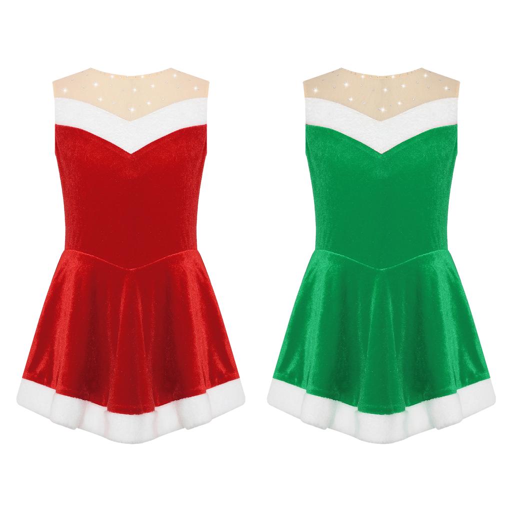 Girls Santa Claus Costume Soft Flannel Design Sleeveless Sequins Ballet Dress Ice Skating Bodysuit