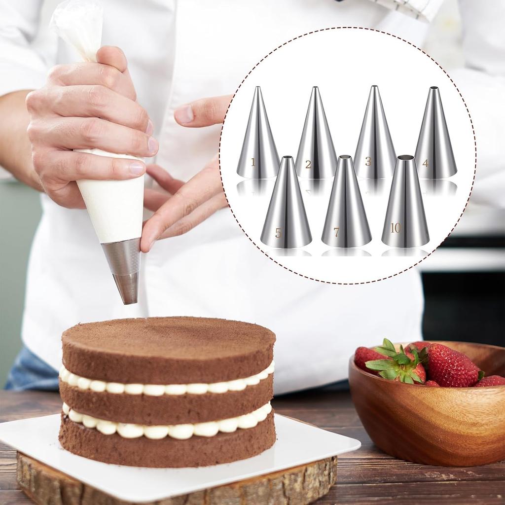 Bewudy 7 Pcs Round Hole Piping Tips Set, Stainless Steel Cupcake Frosting Nozzles Tool Professional Cake Decorating Tool for Baking Cookies Puff